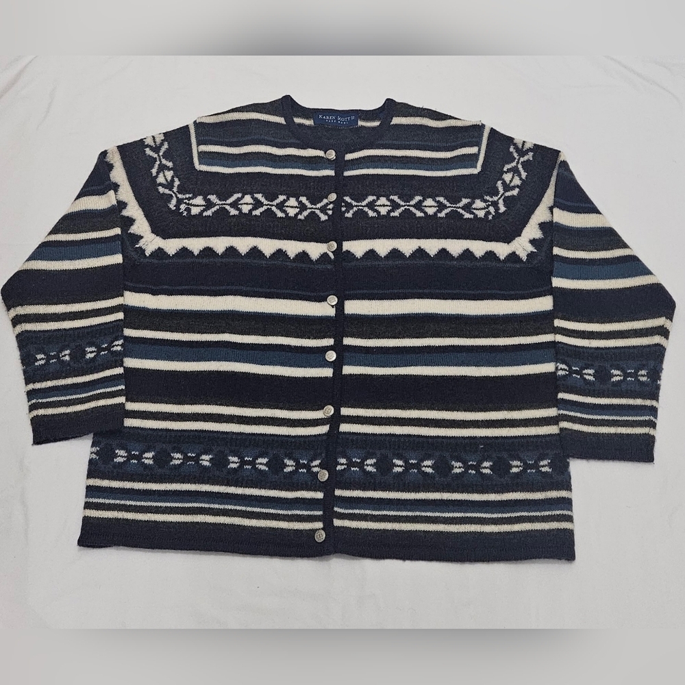 Karen Scott II Pure Wool Cardigan Sweater Women’s 1X Blue White Nordic Fair Isle